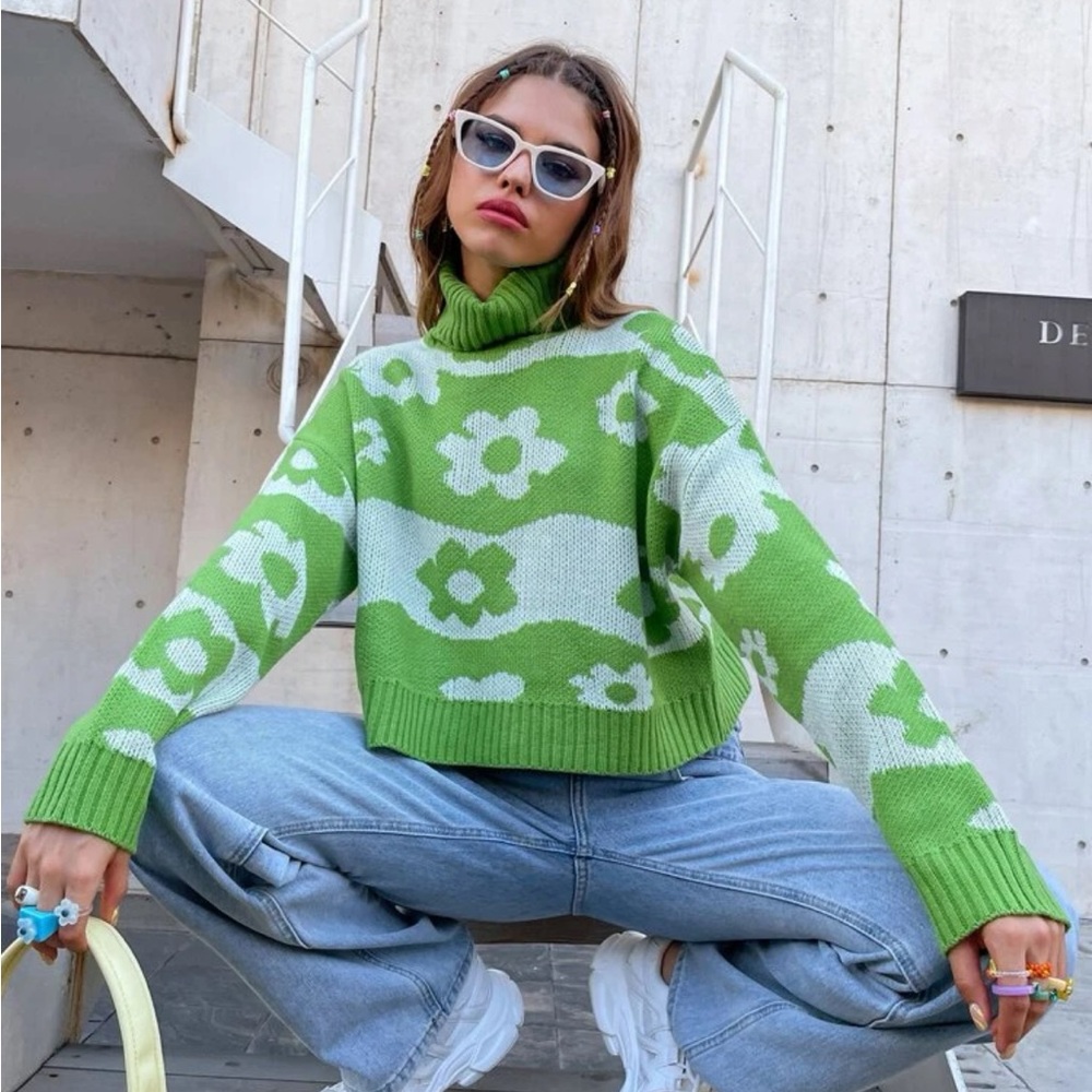 Floral Pattern Funnel Neck Drop Shoulder Sweater